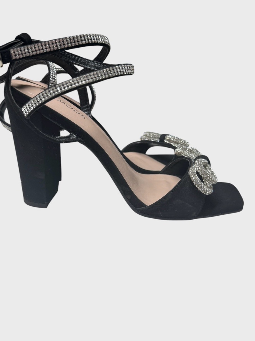 TOP Moda Black Rhinestone Strappy Block Heel Sandals